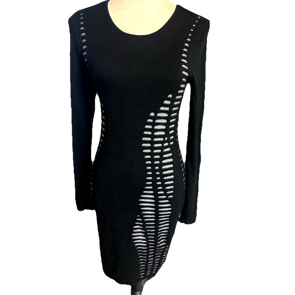 Express Womens XS Sweater Knit Dress Bodycom Black Gray Cut Out Stretch Y2K